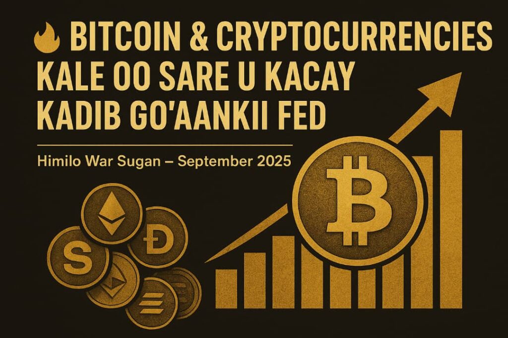 Bitcoin & Cryptocurrencies Kale oo Sare U Kacay Kadib Go’aankii Fed Himilo War Sugan – September 2025 Bitcoin iyo lacagaha kale ee digital-ka ah ayaa sare u kacay kadib go’aankii uu qaaday Bangiga Dhexe ee Mareykanka (Fed) kaas oo ribada hoos ugu dhigay 4% kadib 25 dhibcood oo la jaray. Fed-ku waxa uu sidoo kale muujiyey inuu qorsheynayo hoos u dhigis degdeg ah 12 bilood ee soo socda. --- 📈 Bitcoin oo jebiyey xayndaabkii qiimaha Bitcoin (BTC) waxa uu kor u kacay ilaa $117,900, heerkii ugu sarreeyey tan iyo Agoosto 17, isagoo jebiyey hoos u dhicii iyo dhinac-la’aantii suuqa. Qiimihiisu waxa uu sanadkan kor u kacay 25%, waxaana la filayaa inuu gaadho rikoodh cusub oo ka badan $124,000 dhammaadka Oktoobar. --- 💡 Ethereum iyo Altcoins kale Ethereum (ETH) ayaa kor u kacay 2.7%, balse weli waxa uu ku jiraa xariiq isku soo dhowaada (contracting triangle). Dogecoin (DOGE), Solana (SOL), iyo BNB ayaa sare u kacay in ka badan 4%. XRP ayaa ku kordhay 3%, isagoo jebiyey qaabkii “descending triangle” oo calaamad u ah kor u socod. Solana (SOL) gaar ahaan waxa uu taabtay $245, taas oo ka dhalatay qorshaha CME ee ah inay soo bandhigto SOL options iyo sidoo kale XRP options laga bilaabo October 13 – taas oo ka dhigan ka qeybgal weyn oo hay’adaha maaliyadeed ah. --- 📊 Khabiir: Bitcoin rikoodh cusub ayuu ku socdaa Matt Mena oo ka tirsan shirkadda 21Shares ayaa sheegay: > “Hoos u dhigidda ribadu waxa ay abuuraysaa fursad gaar ah oo Bitcoin u riixi karta rikoodh cusub. Waxaa suuragal ah in BTC uu dhaafo $124,000, halka ETH uu dhaafi karo $5,000.” --- 💵 Doolarka oo dib u xoogeysanaya Si kastaba, khatar ayaa taagan. Inkasta oo Fed-ku janjeero hoos u dhigid ribo, haddana Dollar Index (DXY) ayaa dib ugu soo kacay 97.30, taas oo muujinaysa in suuqa lacagaha qalaad horeba ugu daray filashada Fed. --- ✅ Gunaanad: Suuqa cryptocurrencies waxa uu ku jiraa marxalad xiiso leh, iyadoo Bitcoin iyo Ethereum ay ku dhow yihiin inay gaadhaan rikoodhyo cusub. Si kastaba, xoogeynta doolarka 👇ayaa noqon karta caqabad hortaal mustaqbalka dhow. https://Www.himilocolleges.com